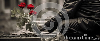 selective red color on a red rose. sad soldier placing flowers on a tombstone. Veterans Day, Memorial Day. Stock Photo