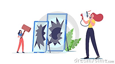 Self Anger Concept. Unhappy Angry Female Character Yelling on herself through Loudspeaker and Breaking Mirror Vector Illustration