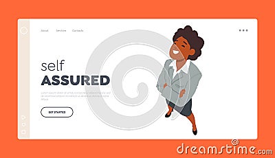 Self Assured Landing Page Template. African American Female Character Looking Up Top View. Smiling Woman Stares Upwards Vector Illustration