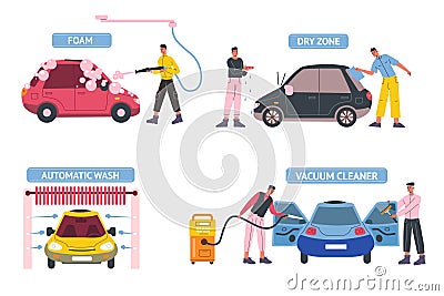 Self car wash service. People cleaning automobile windows and salon interior. Automatic water supply. Soap foam Vector Illustration