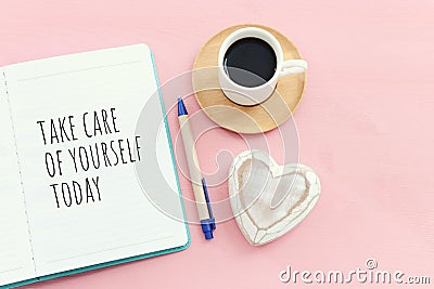 self care concept. notebook with text over pink background Stock Photo