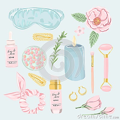 Self-care, cosmetic and beauty element set. Skincare products vector illustration. Vector Illustration