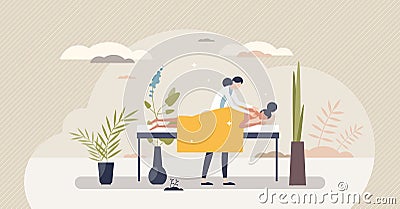 Self care and getting massage in SPA masseur saloon tiny person concept Vector Illustration