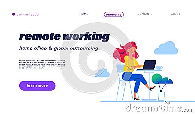 Landing page design with young beautiful girl & laptop at coffee table remote working. Vector Illustration