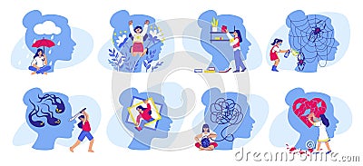 Self care. Mental health. Happy woman mind. Healthy people selfcare. Harmony and love. Confident positive girl. Broken Vector Illustration