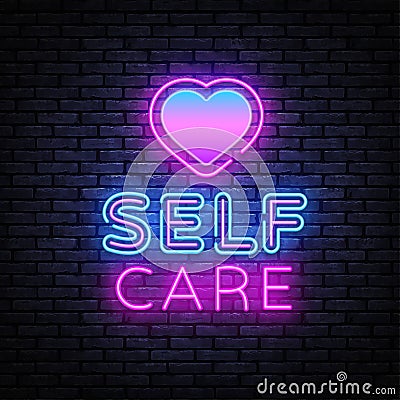 Self Care neon sign vector. Neon Design template, light banner, night signboard, nightly bright advertising, light Vector Illustration