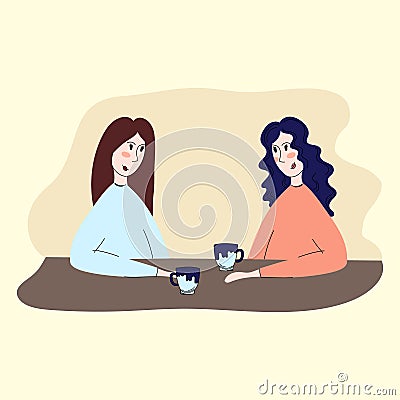 Self care. Vector illustration in flat style. Tea time. Young beautiful girls drink tea. Vector Illustration