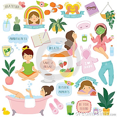 Self care and well-being clipart set Stock Photo