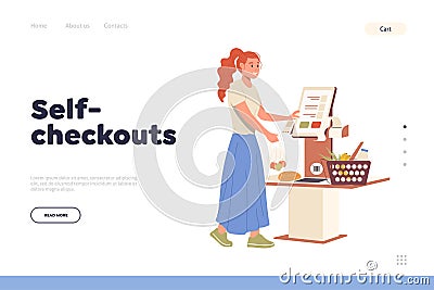 Self-checkout innovative technology in supermarket grocery shop landing page design template Vector Illustration