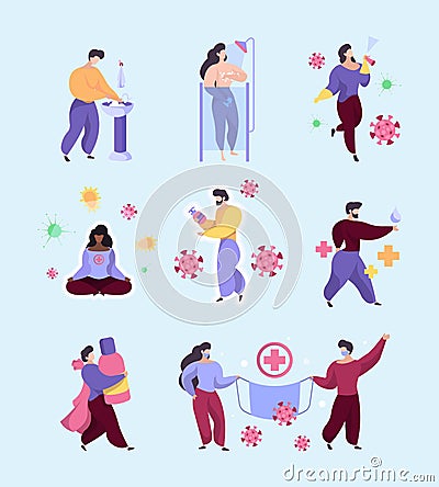 Self cleaning. Hygiene protection washing hands sanitizing garish vector flat people Vector Illustration