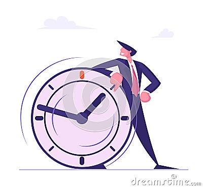 Self Confident Businessman Leaning on Huge Clock. Deadline, Time Management in Working Process and Procrastination Vector Illustration