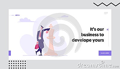 Self Confident Businessman Leaning on White Chess King Figure. Business Success, Leadership Metaphor, Strategic Thinking Vector Illustration