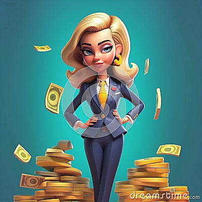 A self-confident successful business woman in a suit with a lot of money. 3d cartoon character Stock Photo