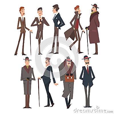 Self Confident Victorian Gentlemen Characters Set, Rich and Successful Men in Elegant Suits Vector Illustration Vector Illustration