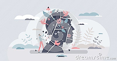 Self conscious mindset and mental pieces putting together tiny person concept Vector Illustration