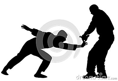 Self defense battle silhouette illustration. Man fighting against aggressor with gun or pistol. Cartoon Illustration