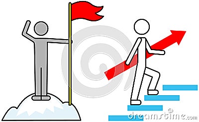 Self-development and success icon, man with flag standing on top of mountain, climbs stairs to goal Stock Photo