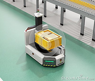 Self driving AGV with forklift carrying container box beside conveyor Stock Photo