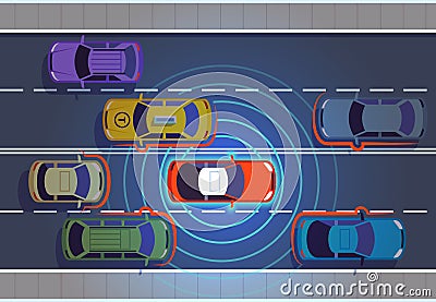 Self driving car. Automotive cars futuristic technology remote top view automobile autonomous smart vehicle autonomic Vector Illustration