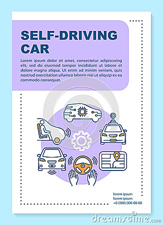 Self-driving car brochure template layout. Autonomous vehicle. Flyer, booklet, leaflet print design with linear Vector Illustration