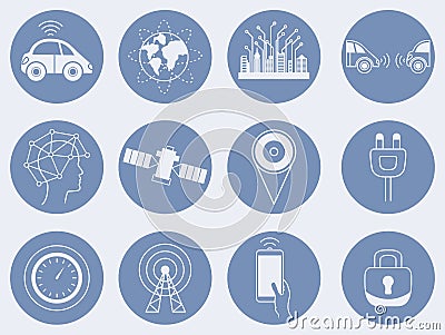Self-driving car icon set. Driverless robotic assistance system signs Vector Illustration