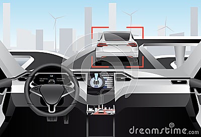 Self driving car on a road. Inside view. Vector Illustration