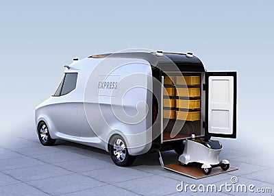 Self-driving delivery robot on van& x27;s tail lift Stock Photo