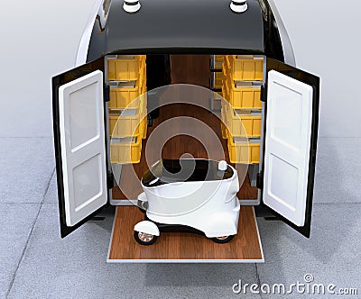 Self-driving delivery robot on van& x27;s tail lift Stock Photo