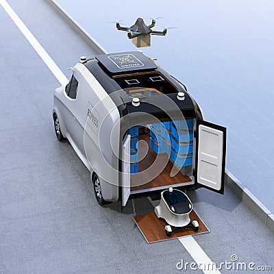 Self-driving delivery robots and van Stock Photo