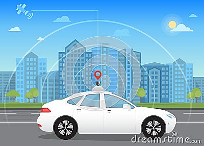 Self-driving intelligent driverless car goes through the city using modern navigation Vector Illustration