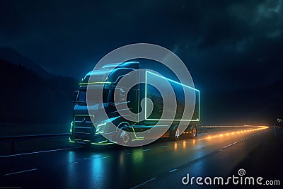 A self-driving truck depicted as a guardian of the road, with a majestic presence and a glowing aura. The image represents the Stock Photo