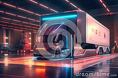 A self-driving truck showcased in a futuristic loading dock, with robotic arms and advanced logistics systems. Concept the Stock Photo