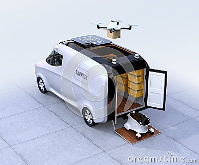 Self-driving van, drone and robot Stock Photo