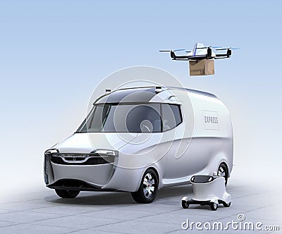 Self-driving van, drone and robot Stock Photo