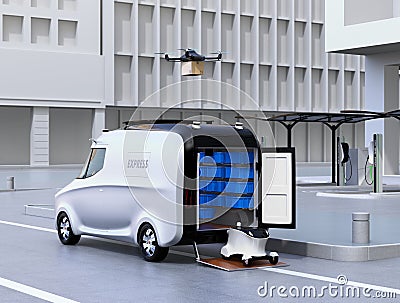 Self-driving van, drone and robot on the street Stock Photo