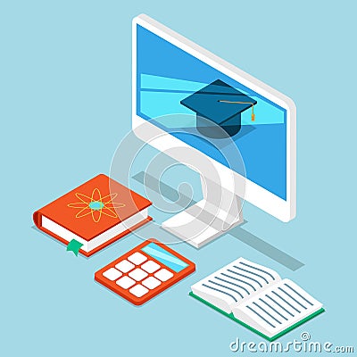 Self education computer programmer, business analysis vector illustration. 3D Isometric. Computers monitor with college Vector Illustration