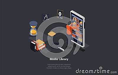 Self Education And Media Library. Boy Searching A Book In Mobile Electronic Library. Modern Digital Library With Vector Illustration