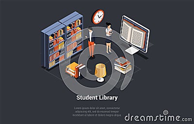 Self Education And Online Library. Male And Female Students At Online Library Choosing Books. Digital Library Interior Stock Photo