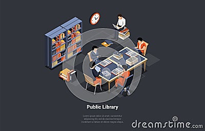 Self Education And Online Library. Male And Female Students At Library Reading Books. Digital Library Interior With Stock Photo