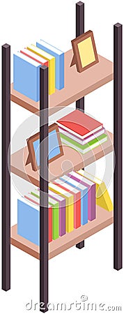 Self-education and studying concept. Books on shelves, stand in bookcase. Reading literature concept Vector Illustration