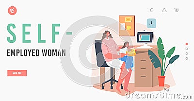 Self-Employed Woman Landing Page Template. Remote Work with Little Baby. Young Business Mother Character Work on PC Vector Illustration