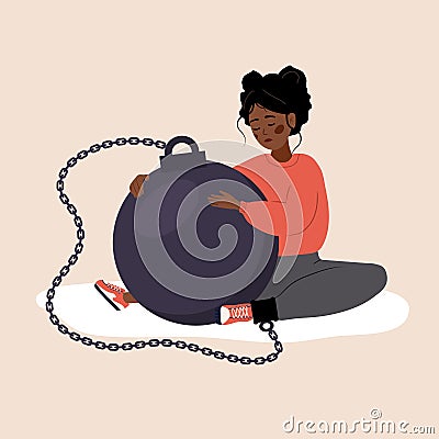 Self flagellation. Sad african woman hugging heavy wrecking ball and feeling guilty. Concept of psychological self-harm Vector Illustration