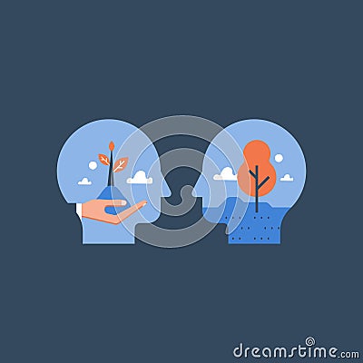 Mental health care, self growth, potential development, motivation and aspiration, positive mindset, psychotherapy and analysis Vector Illustration