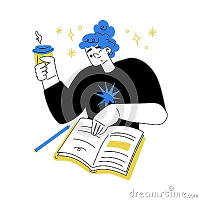 Self Growth with Woman Character Study with Book and Coffee Engaged in Personal Development and Improvement Vector Vector Illustration