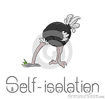 Self-isolation allegorical caricature, ostrich pose with bird is burying it`s head in the sand Vector Illustration
