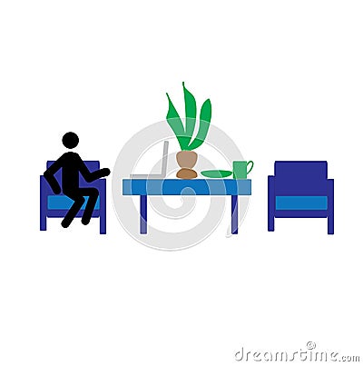 Stick man at home communicates and works remotely via the Internet Vector Illustration
