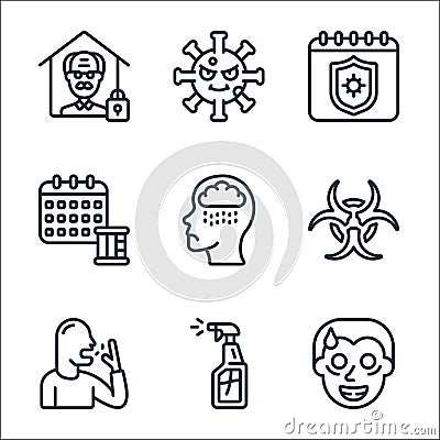 self isolation line icons. linear set. quality vector line set such as crazy, disinfectant, tablets, biohazard, depression, date, Vector Illustration