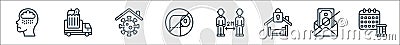 Self isolation line icons. linear set. quality vector line set such as date, no money, bedroom, keep distance, no toilet roll, Vector Illustration