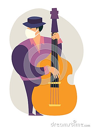 Self-isolation musician man with contrabass vector illustration Vector Illustration