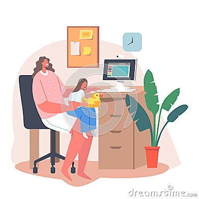 Self-isolation Remote Work with Little Baby. Young Business Mother Character Work on PC with Daughter Sitting with Toy Vector Illustration